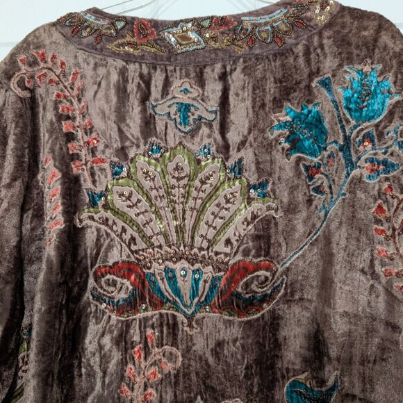 Chicos 2 Velvet Floral Jacket Womens Size Large Brown Beaded Embellished Boho - Picture 9 of 13